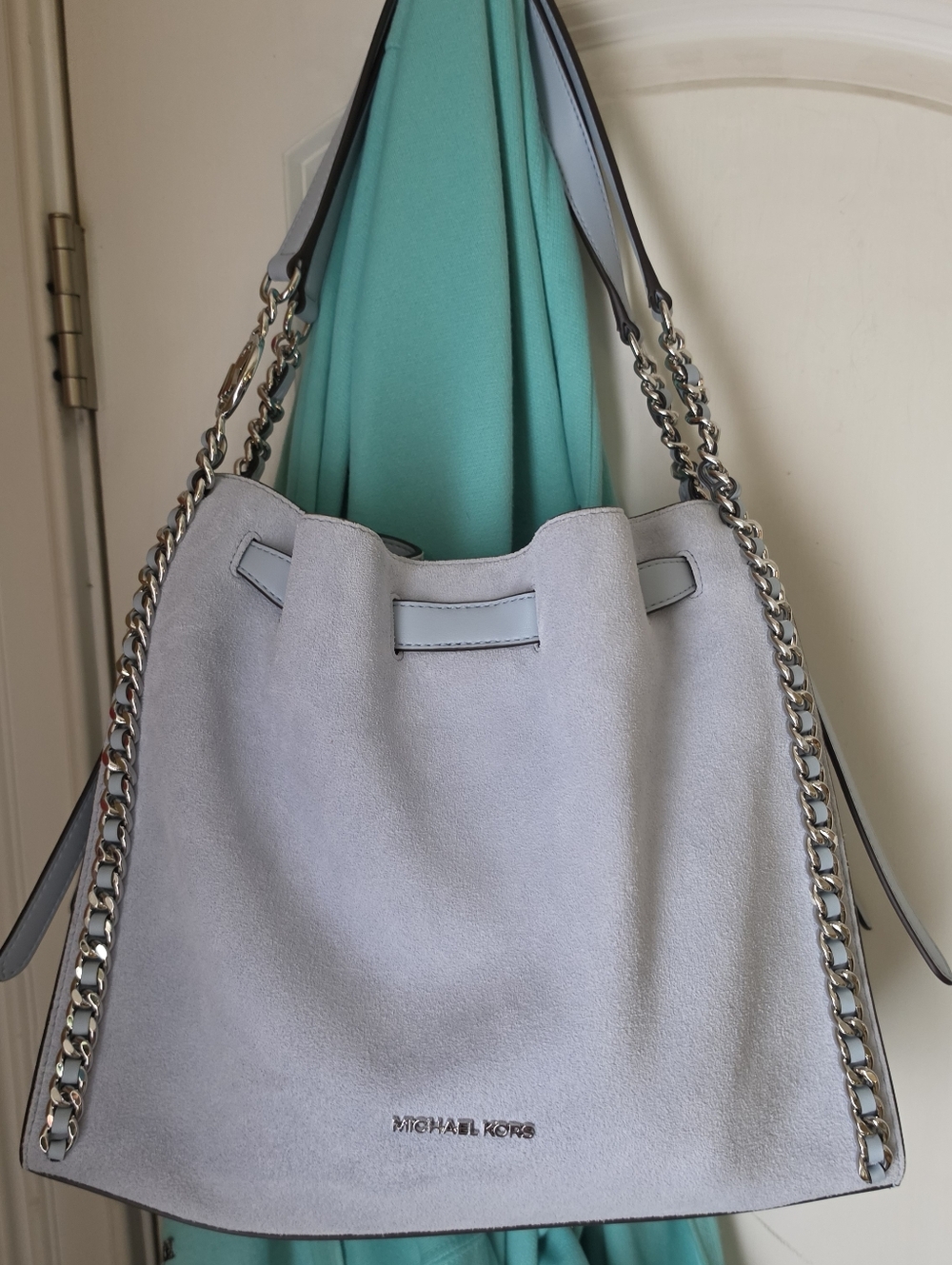 Michael Kors Pale Blue Chain-Trim Suede Shoulder Bag - Picture 2 of 7
